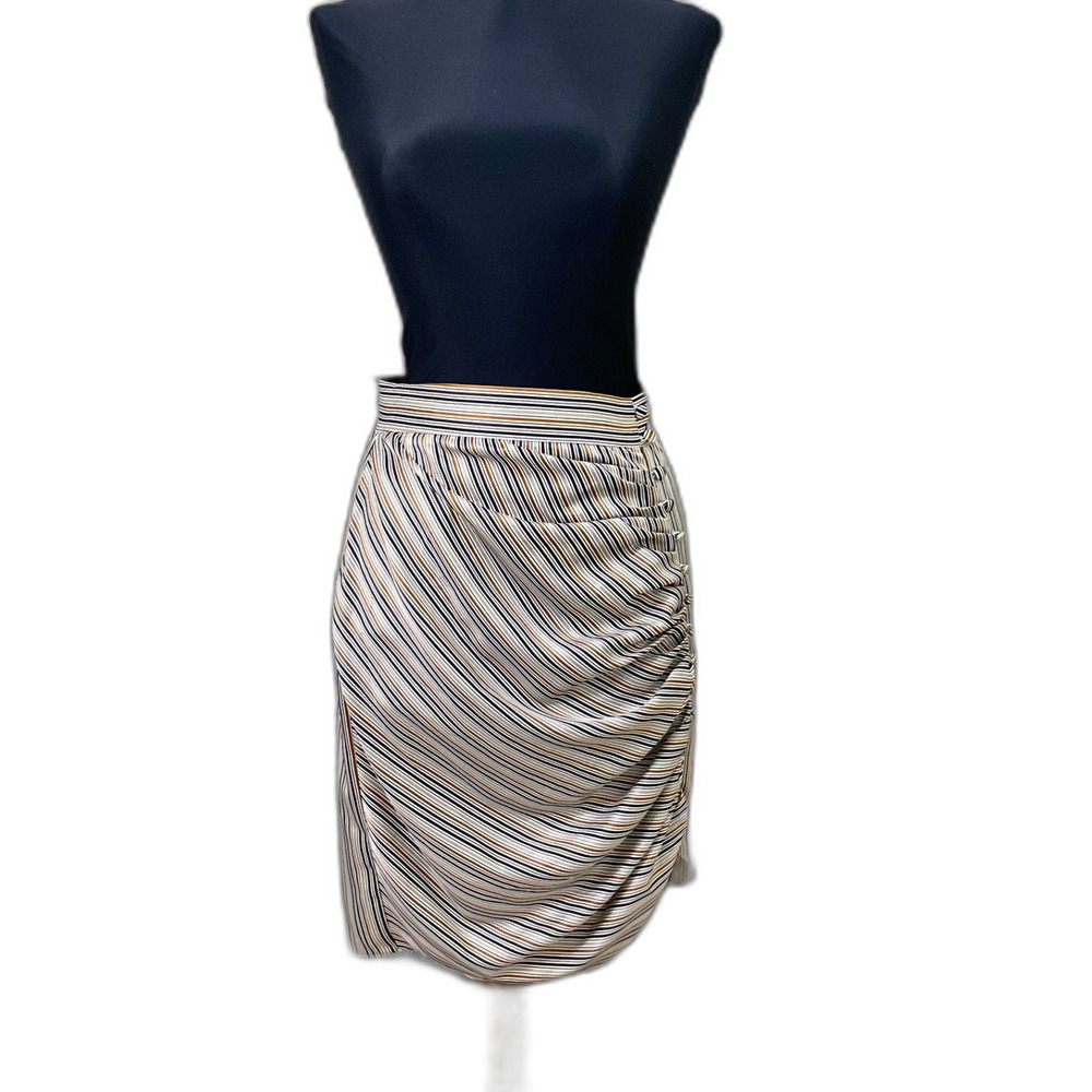 Silk Wrap Mini Skirt women’s Size S Handmade stripes cream brown covered buttons